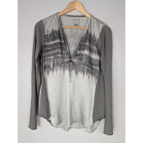Go by Go Silk Small Black Gray Ombre 1/2 Zip Up Blouse Top Shirt N92 - Picture 1 of 11